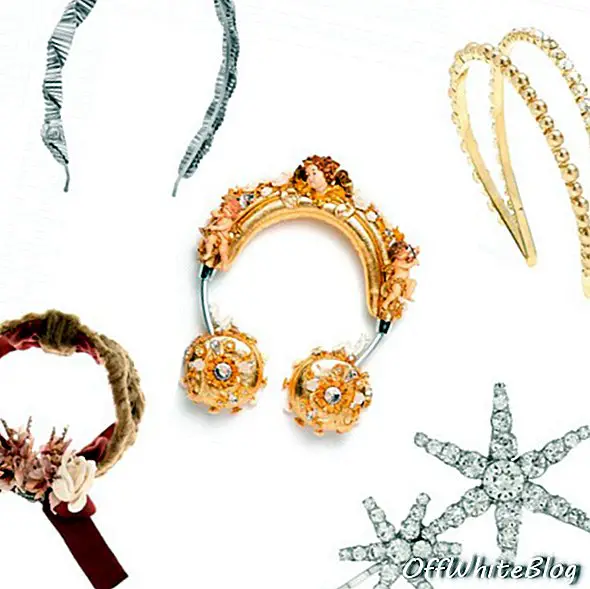 Zleva doprava: Chanel čelenka; Čelenka Miu Miu; Jennifer Behr v klipu na vlasy Net-a-Porter; Gucci čelenka střední: Sluchátka Dolce & Gabbana