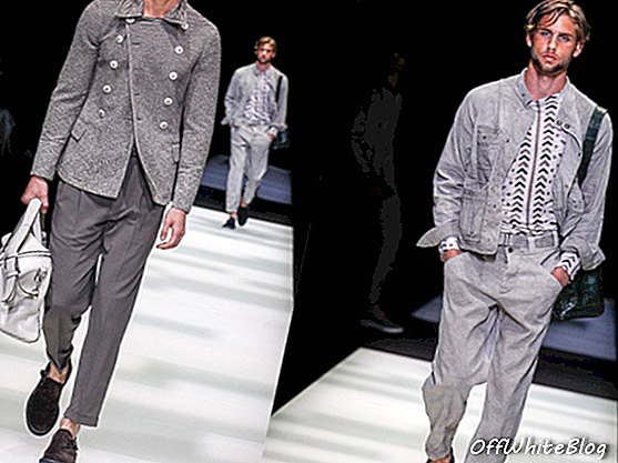 Kamen, srebro i škriljevci snažno su se istaknuli u početnom izgledu muške odjeće za proljeće 2018. Giorgio Armani. U jednom trenutku, Armanijev kaput podsjećao je na središnji prizor u Gattacki i The Nedodirljivi, iako u sivoj boji.