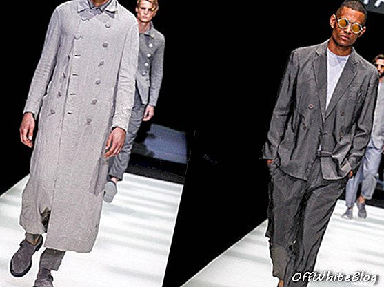 „Giorgio Armani 2018“ pavasario vyriškų drabužių namuose buvo didesni nei gyvenimo vyriškų drabužių segtukai, pavyzdžiui, mišrių lininių ilgų dvisienių tranšėjų ir atsipalaidavusio pilkojo dvigubo ilgio pjūvio juostos ansamblis.