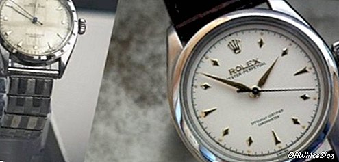 Kiri: Encik Lee Kuan Yew 1953 Rolex Oyster Perpetual. Kanan: Menutup versi asli model vintaj yang sama
