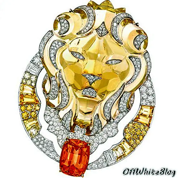 Chanel Fine Jewellery Sous le Signe du Lion Solaire broche in witgoud met een 123,5 karaat gesneden gele citrien, een 7,8 karaat kussengeslepen oranje topaas, diamanten en gele saffieren